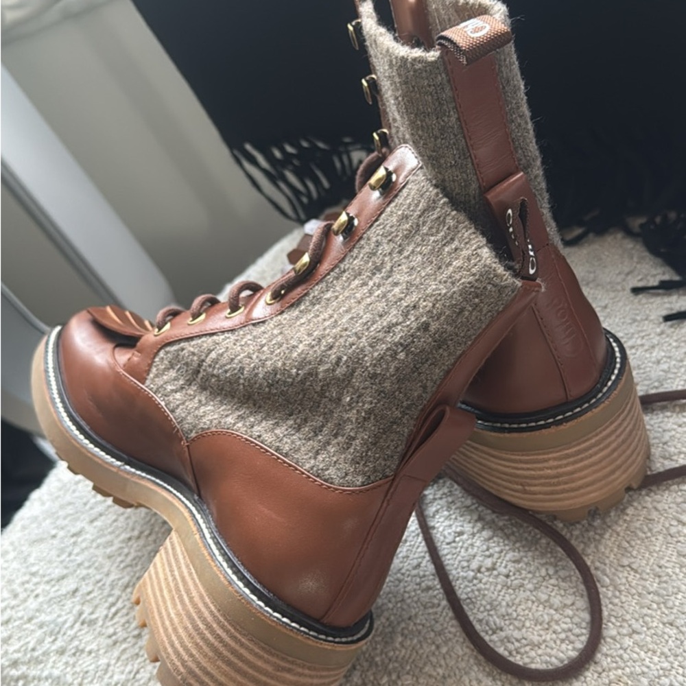 Chloe Brown Leather and Tan Fabric Lace Up Boots